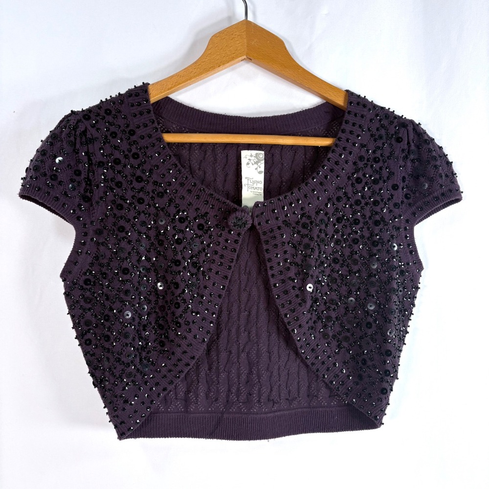 Flying Tomato Shrug Purple Sequin Beaded Cable Knit Sweater Kids L Women S